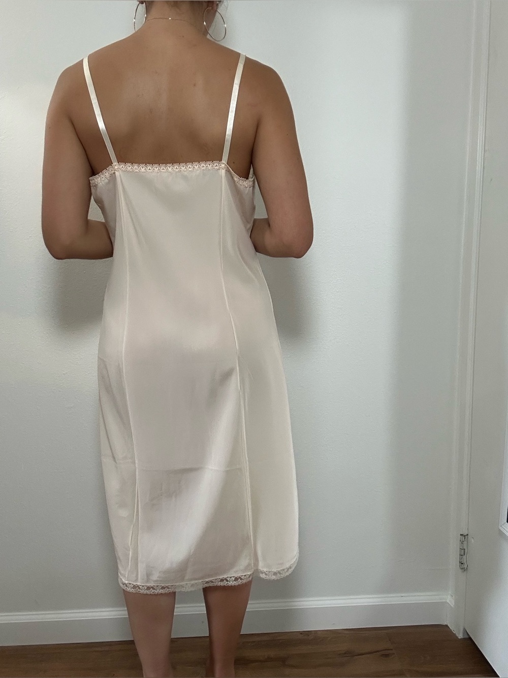 Vintage Elegant Cream Lace Trim Slip Midi Dress Spaghetti Straps Size M - Picture 4 of 14